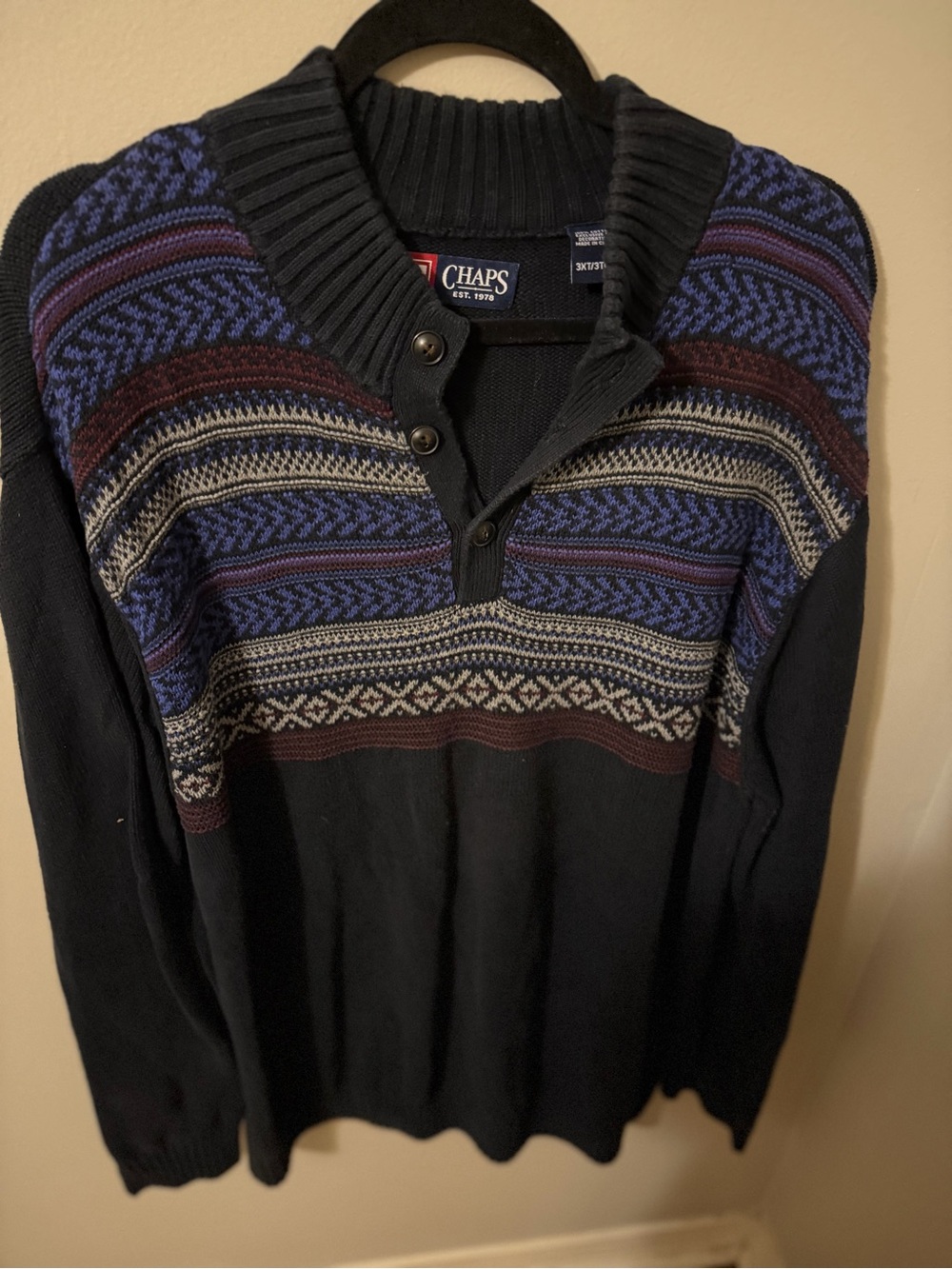 Chaps Men’s Navy Patterned Shawl-Collar Zip Sweater with Blue & Brown Accents